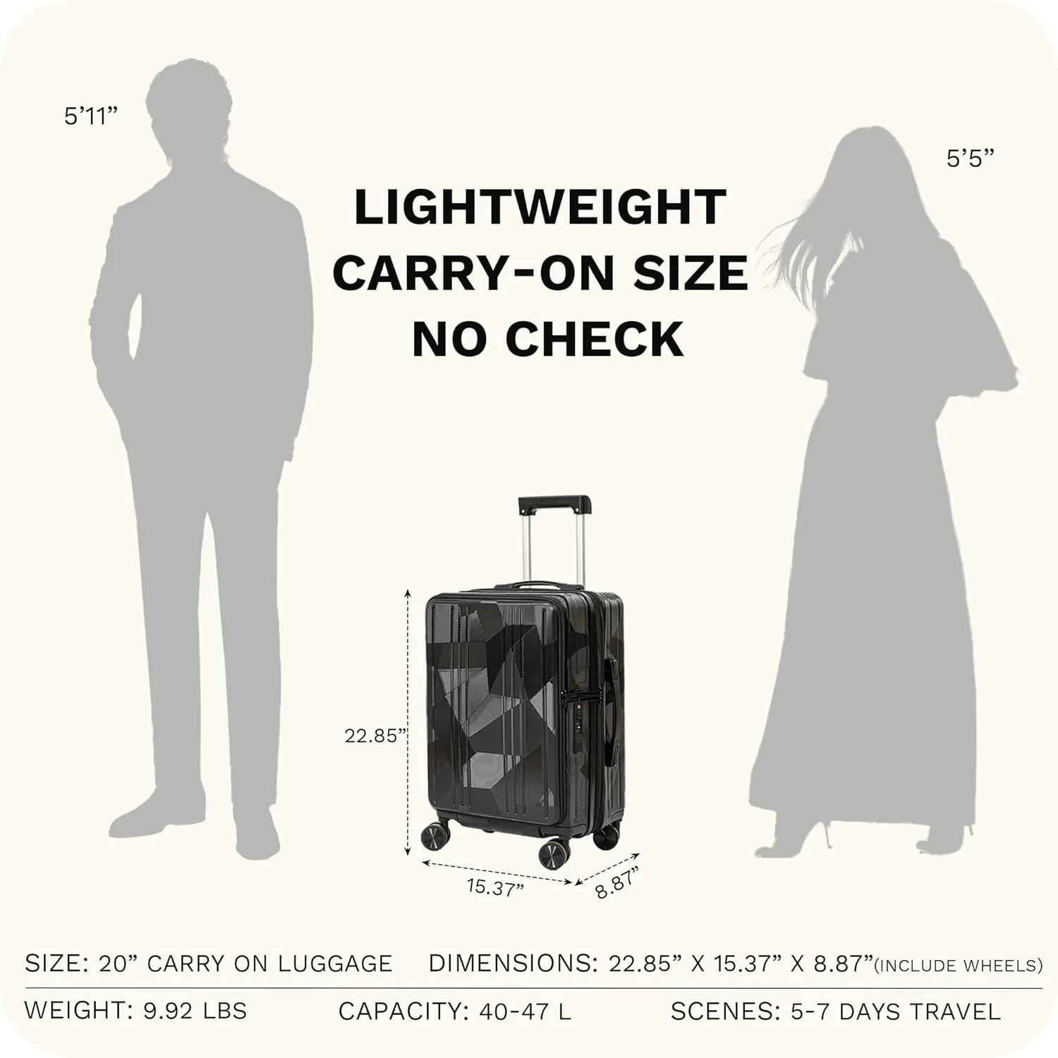 20 inch Carry On Luggage Expandable Top Opening/Clamshell Opening, TSA Approved Carry On Luggage Hard Shell Suitcases, Lightweight Away Carry On Suitcases, Black