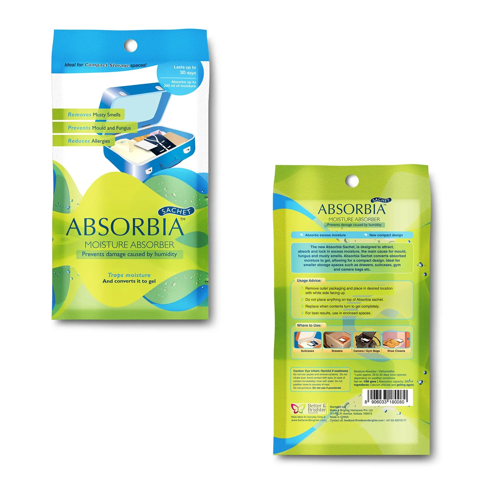Absorbia Moisture Absorber Sachet - Pack of 6 (100g each) | Absorbia Sachet - Pack of 3 (100g Each)|Dehumidifier for Wardrobe, Cupboards & Closets