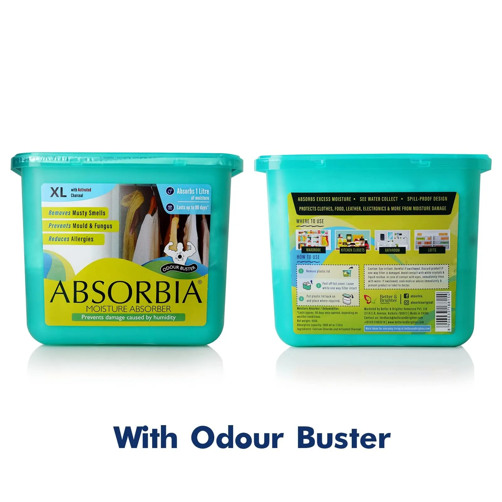 Absorbia Moisture Absorber Slim Sachet - Pack of 2 (80g Each) | Absorbia XL with Activated Charcoal Pack of 2 (450g each) | Dehumidifier for Wardrobe, Cupboards & Closets…
