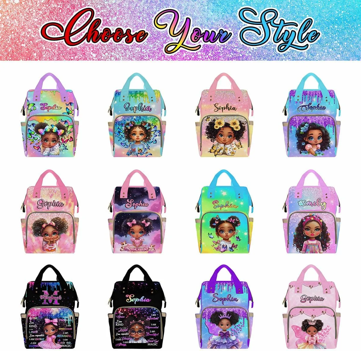 Artsadd Customized Diaper Backpacks Princess, Personalized Princess Diaper Bags Custom Travel Nappy Mommy Bags Backpack with Name for Mother Aunt Birthday Mother's Day