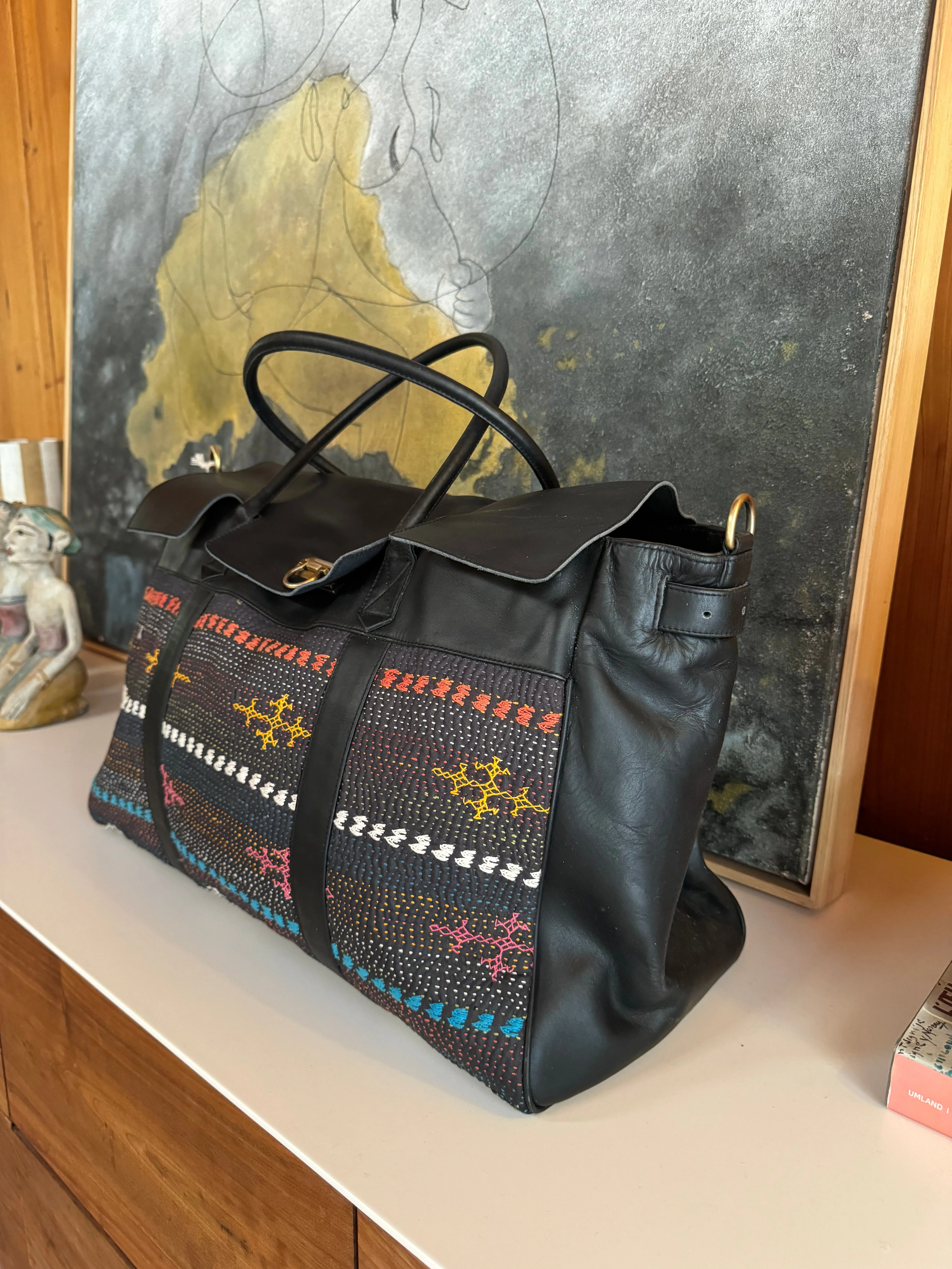 Black Leather Weekender Bag with Vintage Hand-Stitched Kantha Fabric
