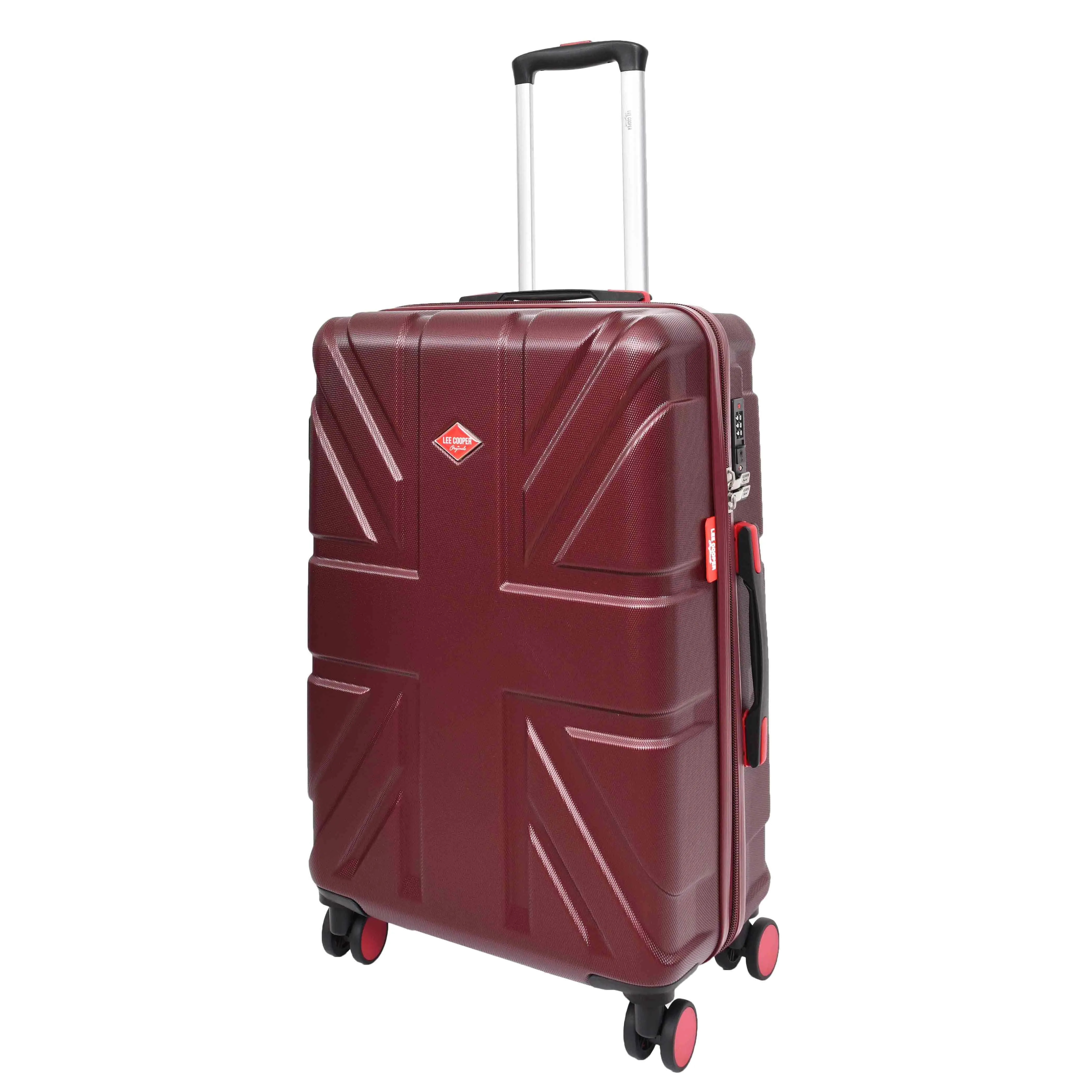 British Union Jack Hardside Spinner Suitcase 8 Wheels Hard Shell Travel Bag Burgundy