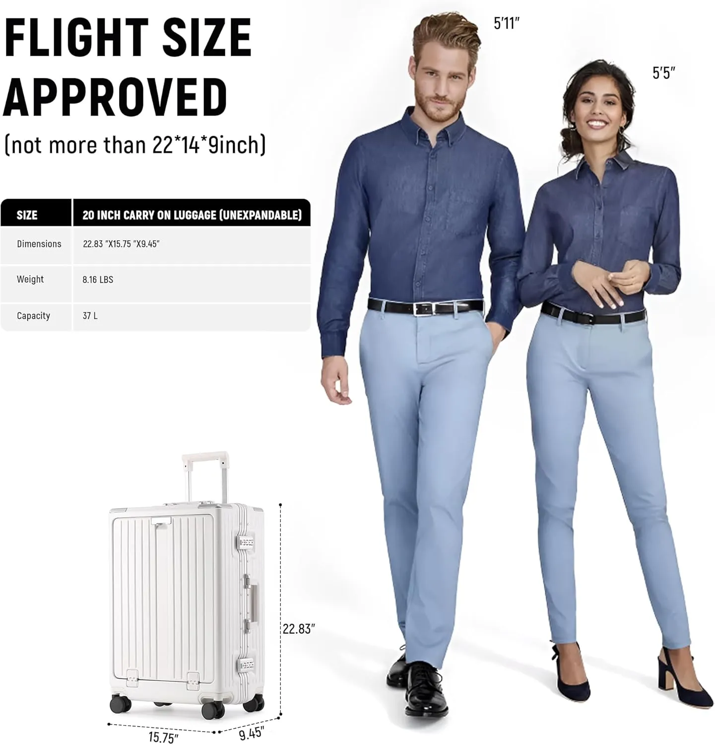 Carry On Luggage 22x14x9 Airline Approved, Zipperless Luggage Carry On with Compartment 20" Hard Shell Suitcases, ABS Aluminum Carry On Suitcases with Spinner Wheels, TSA Lock 37L