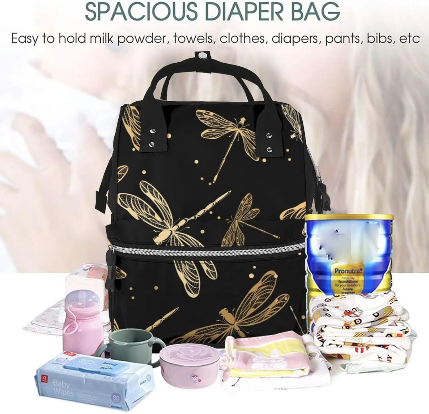 Golden Dragonfly Diaper Bag Backpack for Women Large Capacity Nappy Bag Multifunction Waterproof Mummy Backpacks for Mom Dad Essentials Casual Daypack Travel Bag