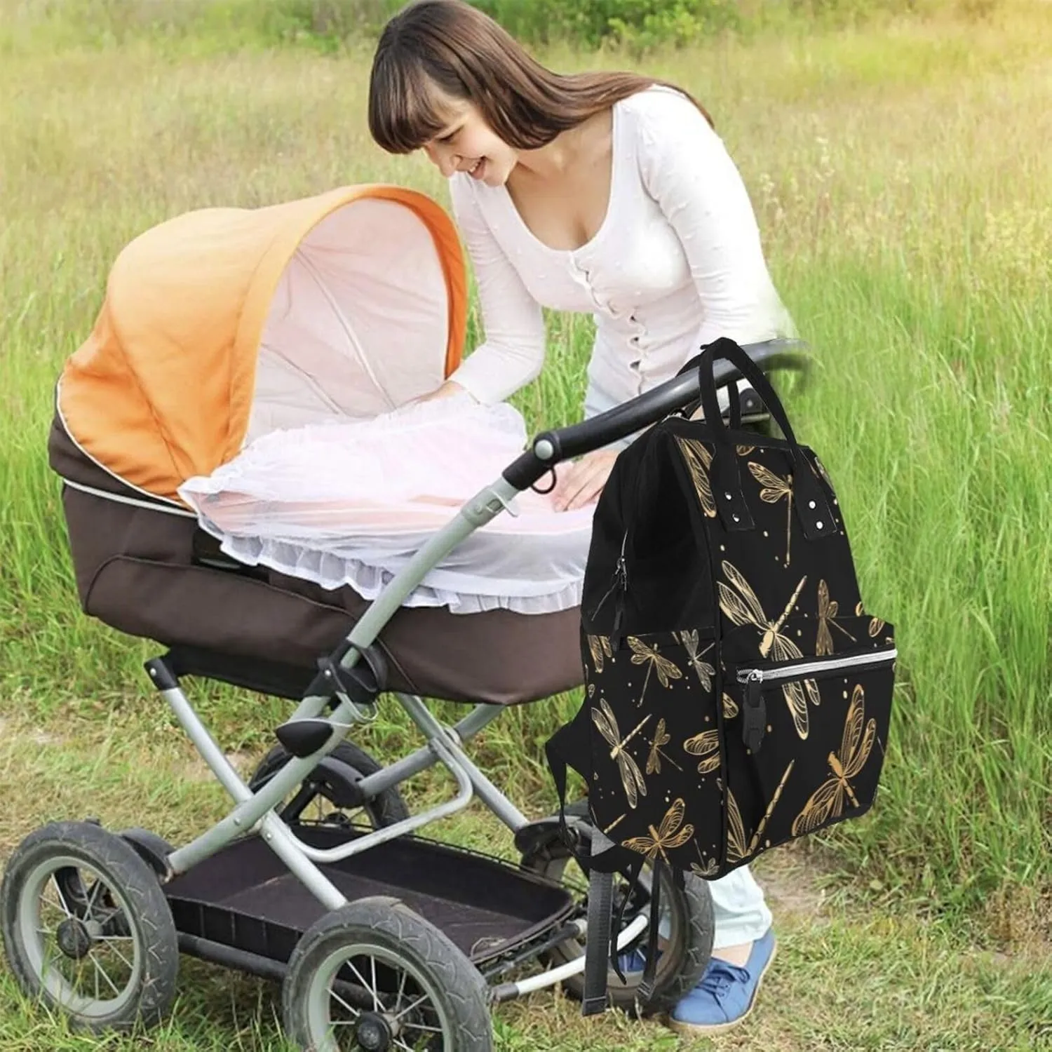 Golden Dragonfly Diaper Bag Backpack for Women Large Capacity Nappy Bag Multifunction Waterproof Mummy Backpacks for Mom Dad Essentials Casual Daypack Travel Bag