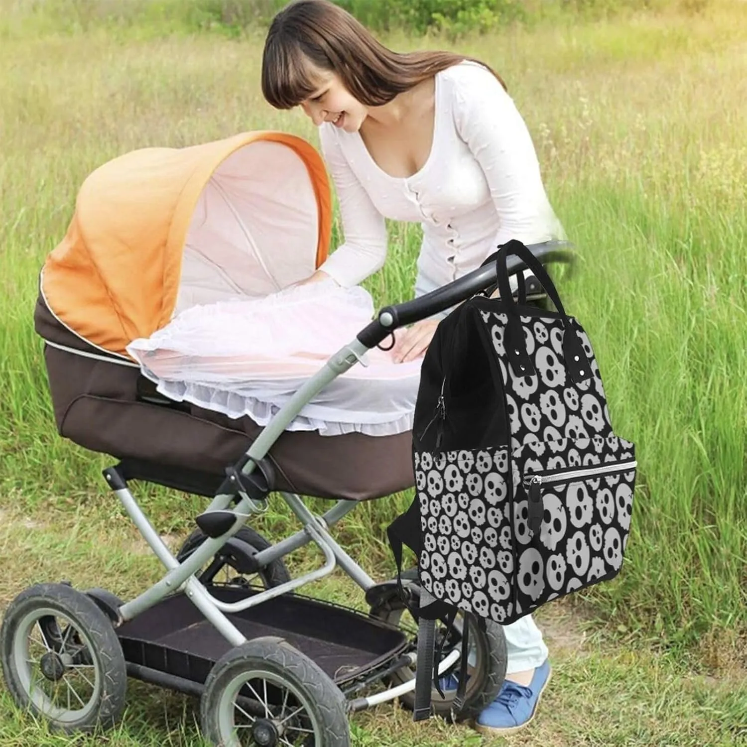 Gray Skulls Print Diaper Bag Backpack for Women Large Capacity Nappy Bag Multifunction Waterproof Mummy Backpacks for Mom Dad Essentials Casual Daypack Travel Bag