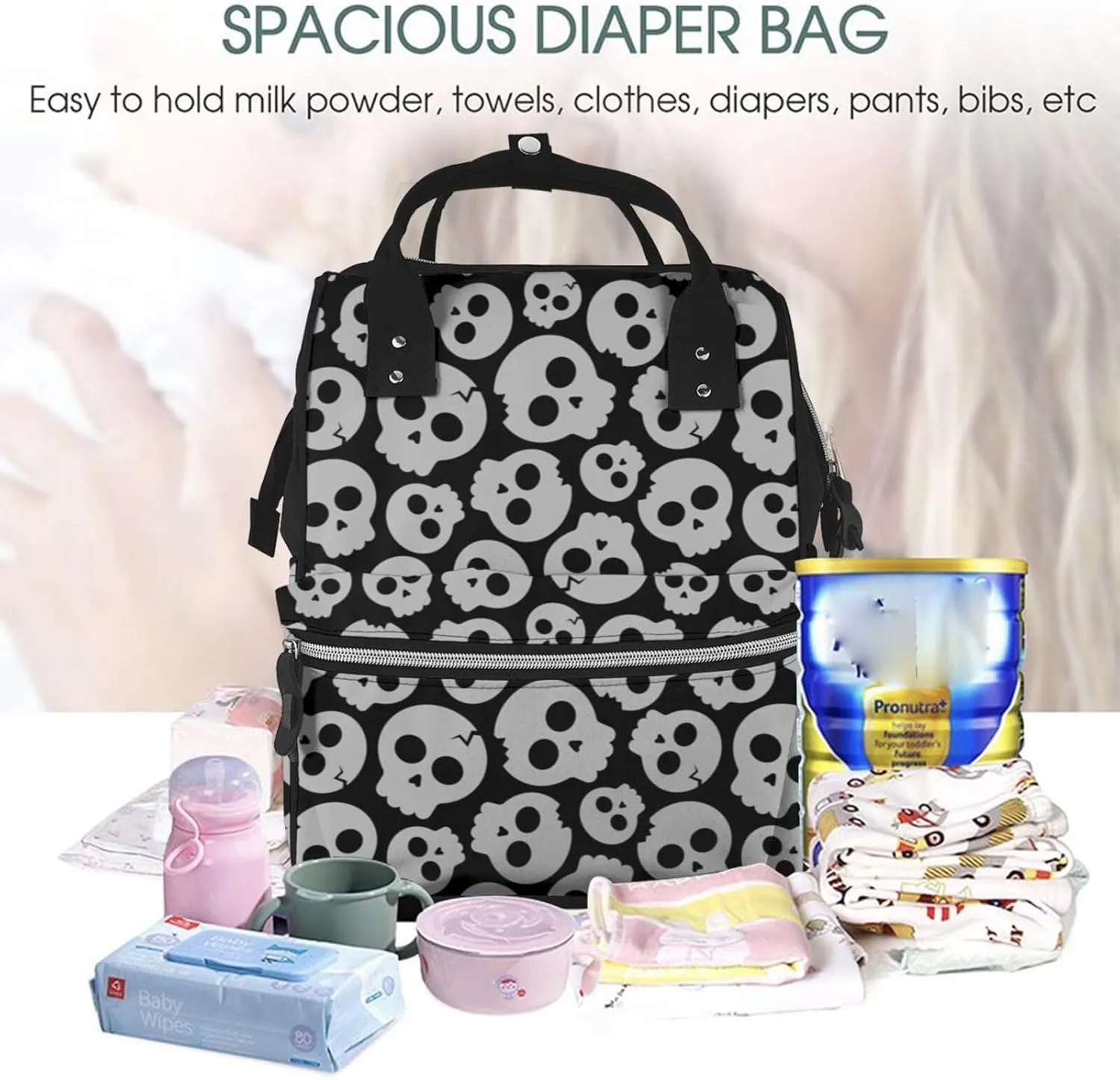 Gray Skulls Print Diaper Bag Backpack for Women Large Capacity Nappy Bag Multifunction Waterproof Mummy Backpacks for Mom Dad Essentials Casual Daypack Travel Bag