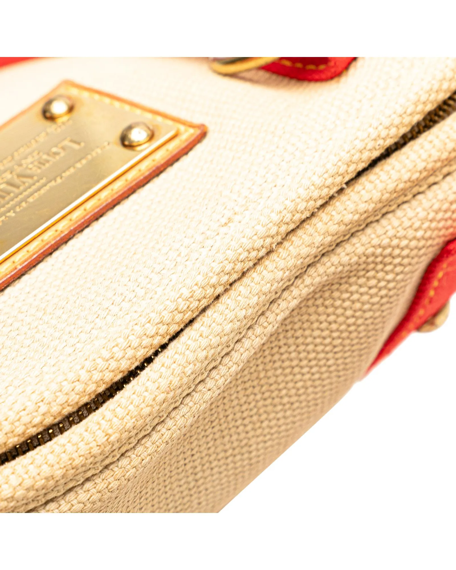 Louis Vuitton Keepall Bandouliere 45 Travel Bag Beige Canvas with Red Trim