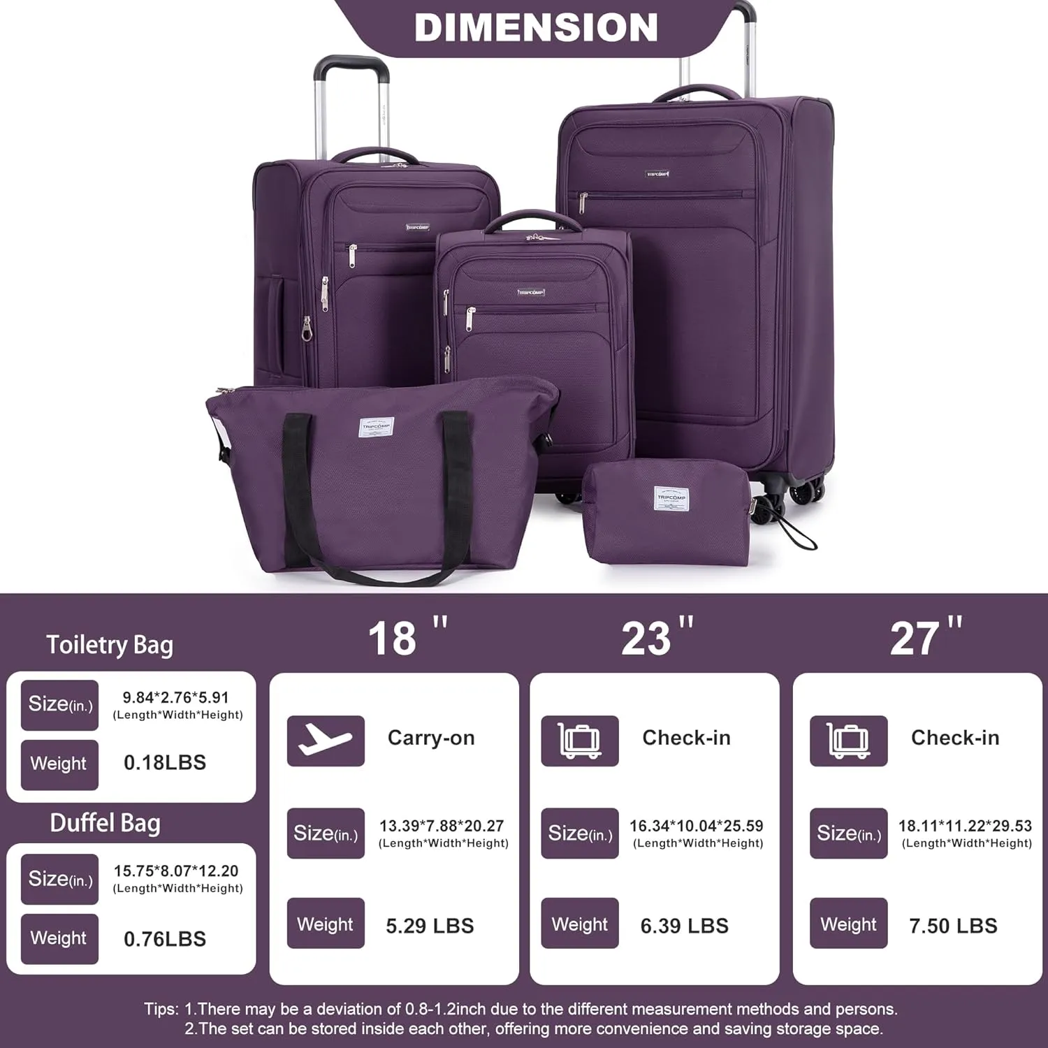 Luggage Sets 5 Piece Softside Expandable Suitcase sets With Spinner Wheels Duffel Bag And Toiletry Bag, Lightweight Carry-On And Checked Luggage (10" 16" 18" 23" 27"), Dark Purple