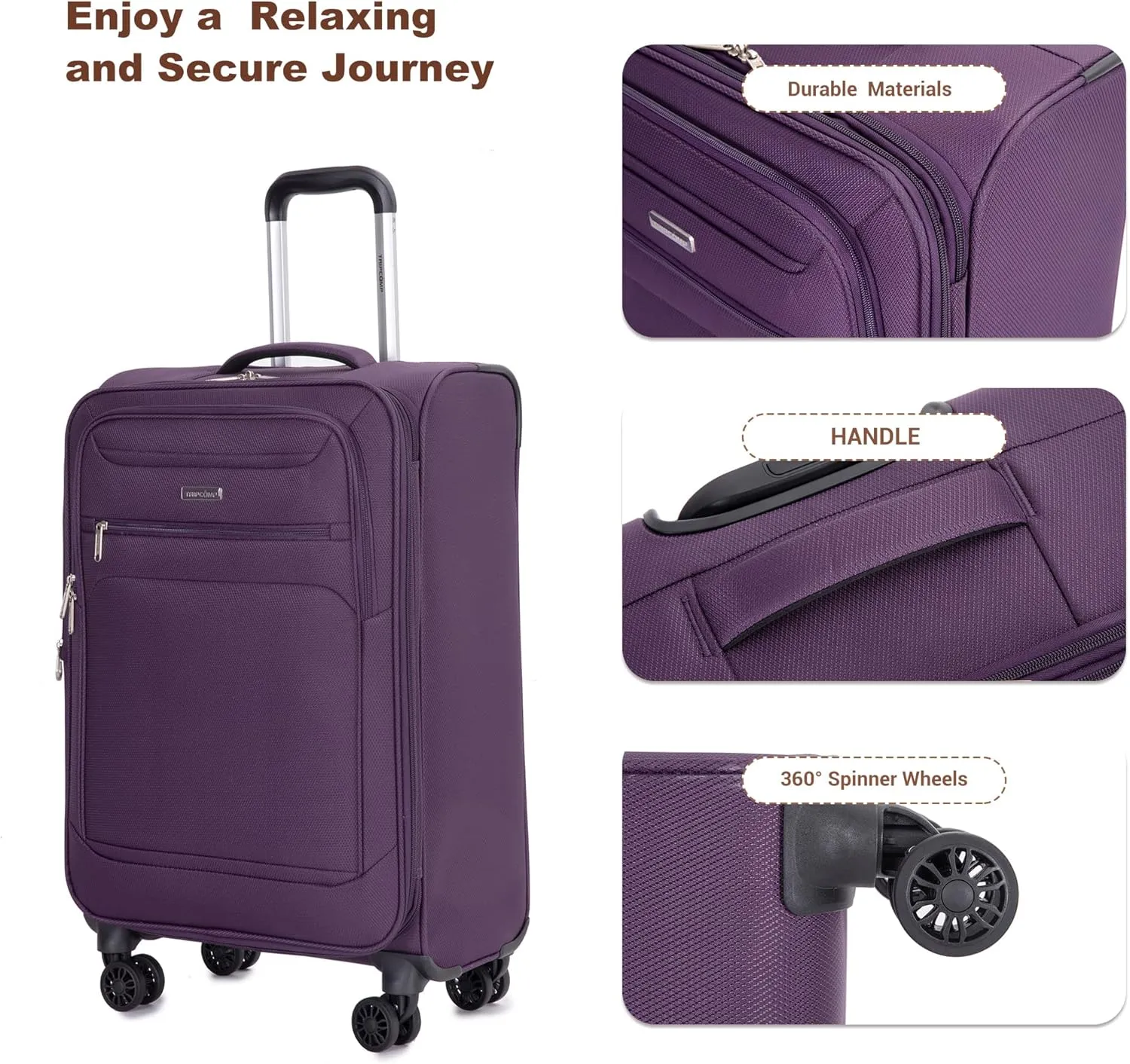 Luggage Sets 5 Piece Softside Expandable Suitcase sets With Spinner Wheels Duffel Bag And Toiletry Bag, Lightweight Carry-On And Checked Luggage (10" 16" 18" 23" 27"), Dark Purple