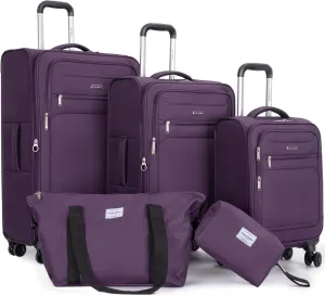 Luggage Sets 5 Piece Softside Expandable Suitcase sets With Spinner Wheels Duffel Bag And Toiletry Bag, Lightweight Carry-On And Checked Luggage (10" 16" 18" 23" 27"), Dark Purple