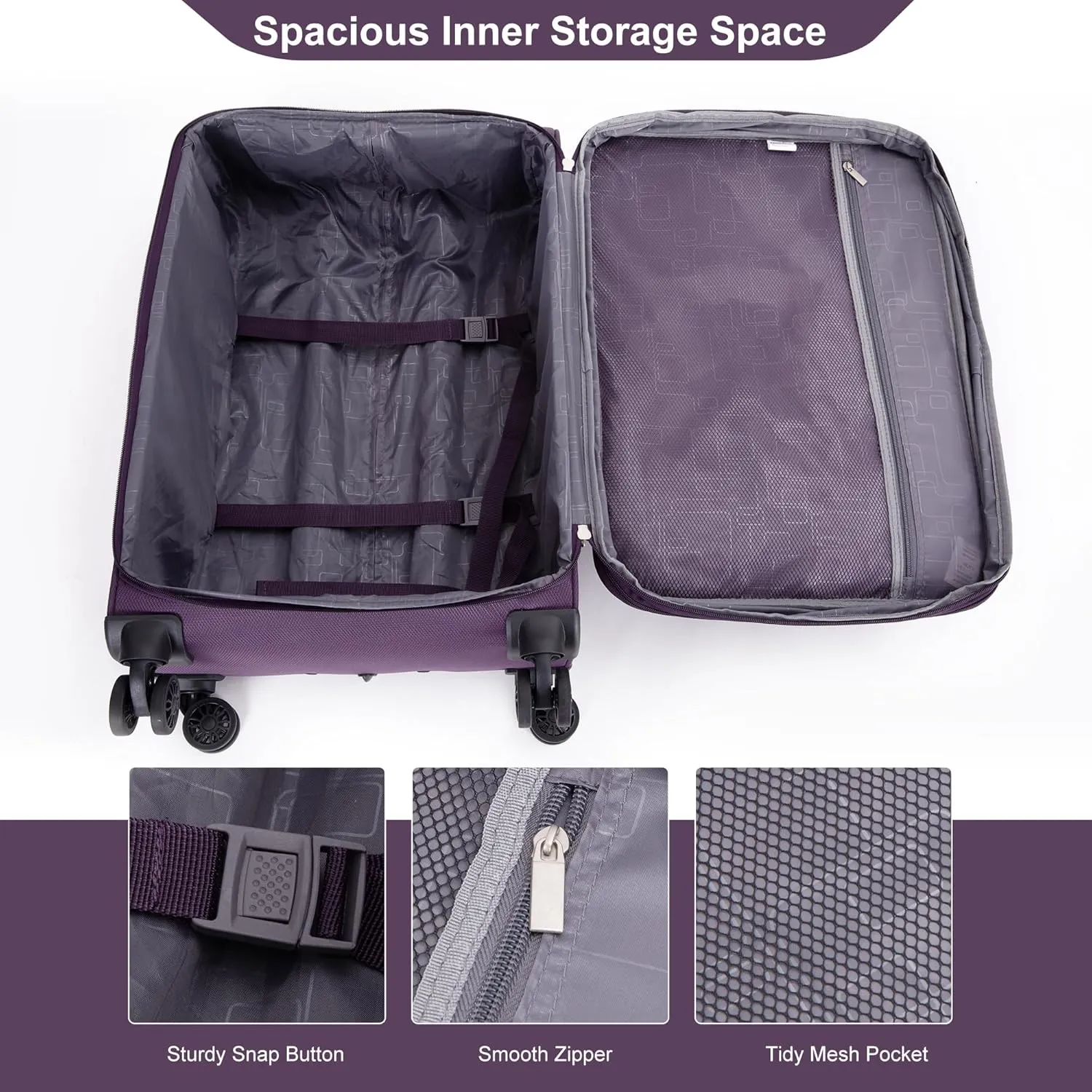 Luggage Sets 5 Piece Softside Expandable Suitcase sets With Spinner Wheels Duffel Bag And Toiletry Bag, Lightweight Carry-On And Checked Luggage (10" 16" 18" 23" 27"), Dark Purple