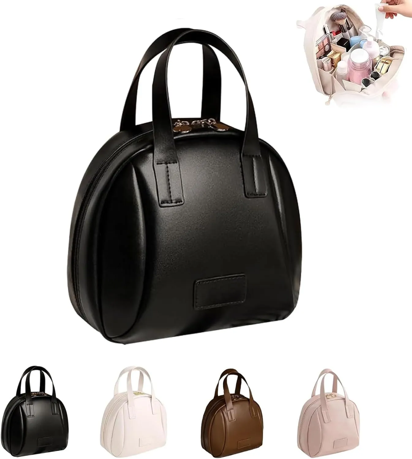 Multi Layered Shell Shaped Cosmetic Bag, Portable Large Capacity Pu Shell Waterproof Handbag Style Cosmetic Bag (Black)