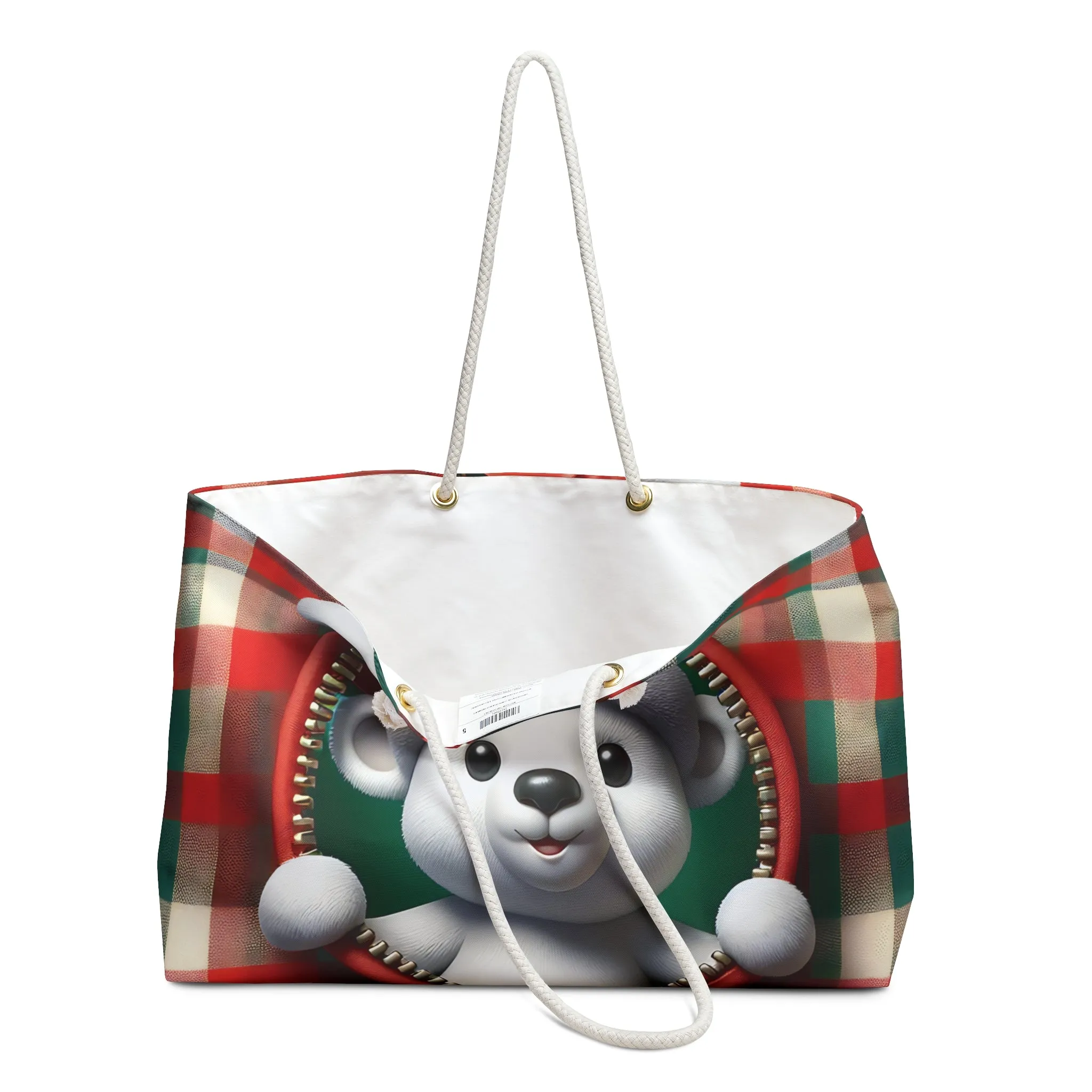 Personalised/Non-Personalised Weekender Bag, Cute Bear, Christmas, Tartan, Large Weekender Bag, Beach Bag, Book Bag