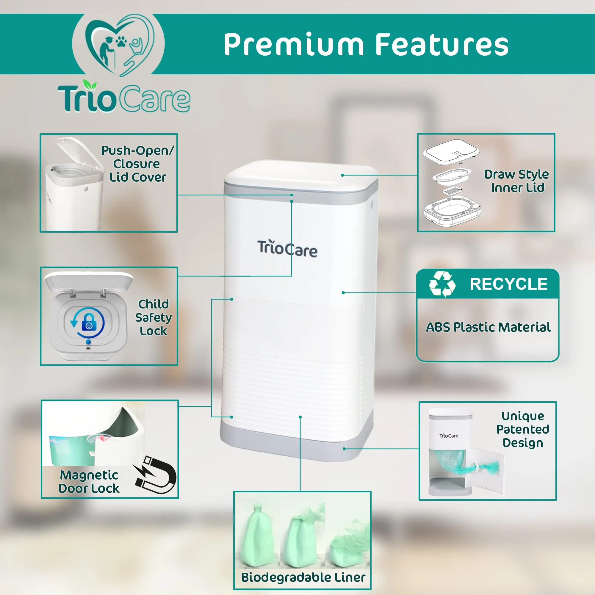 Triocare Diaper Pail Odor Locking White Bin 5292 Count Bags Modern Design